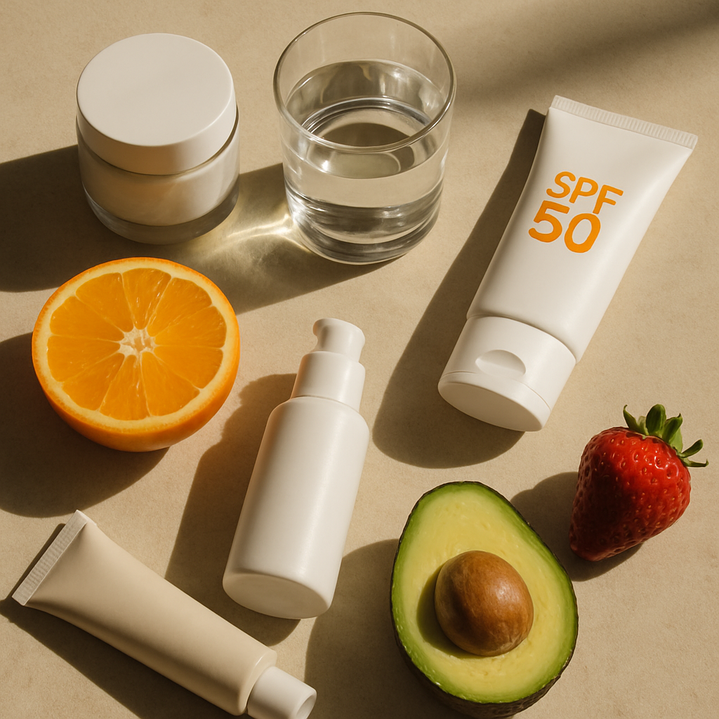 Flatlay of skincare, SPF and healthy food illustrating a holistic approach to skin longevity.