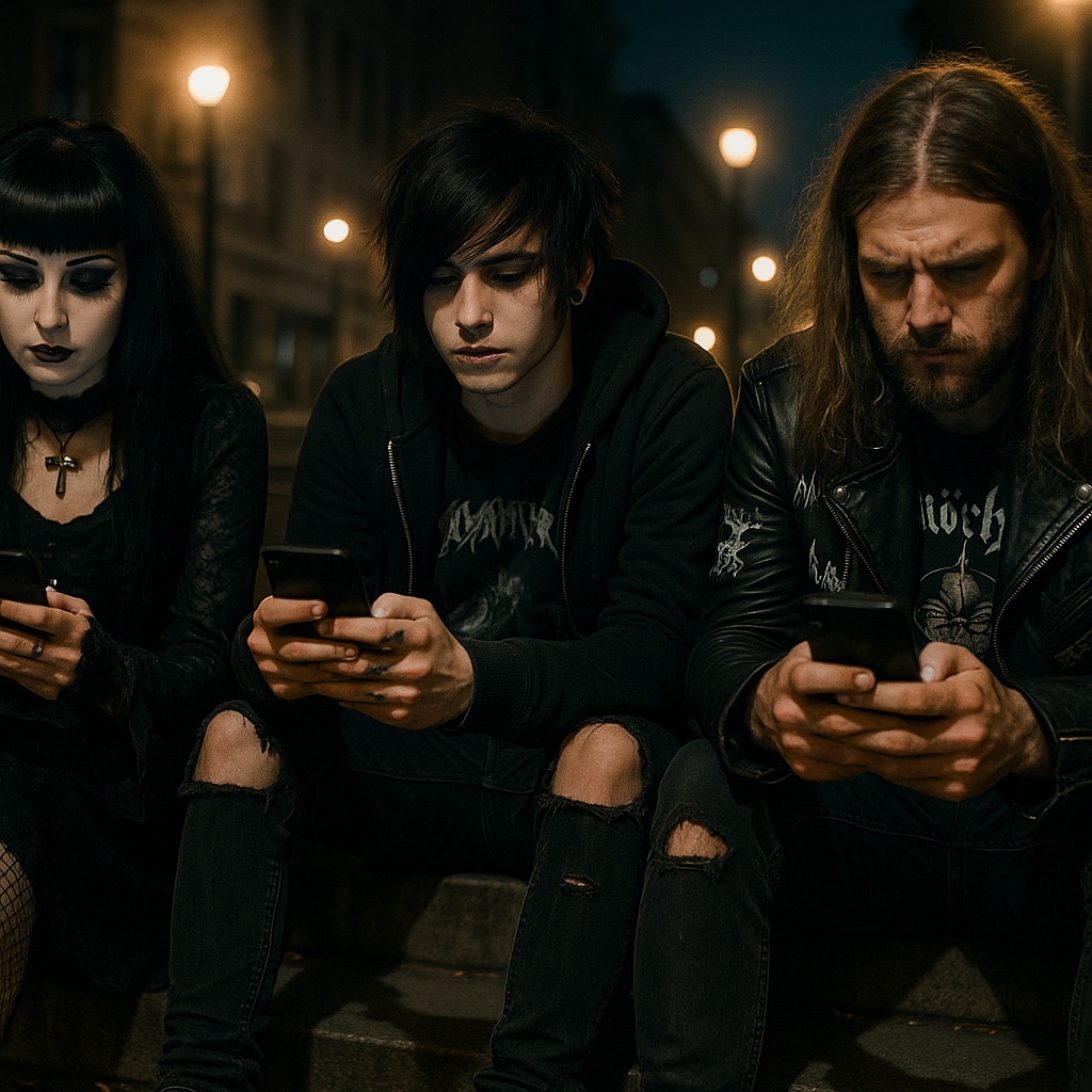 Emo, goth and metal fans in dark fashion on their phones, representing social media and heavy metal culture