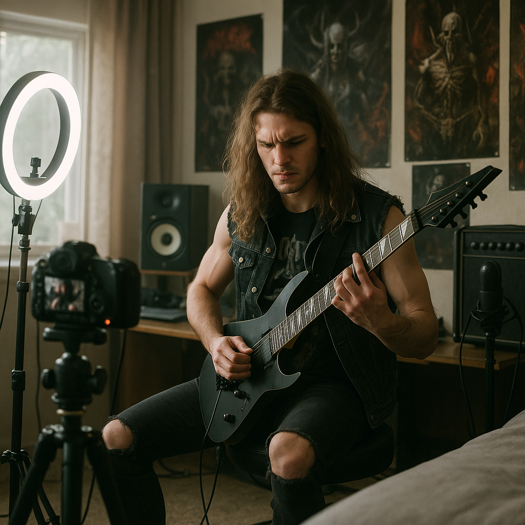 Bedroom metal musician recording a video for fans, highlighting social media and heavy metal promotion
