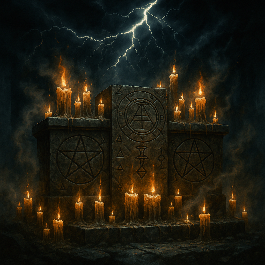 Ancient stone altar surrounded by candles and occult sigils in a dramatic heavy metal scene