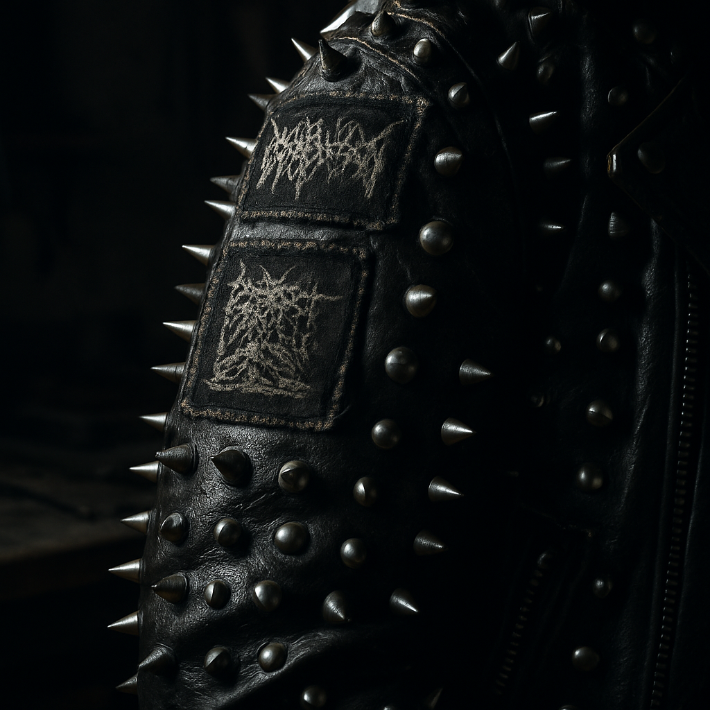Close-up detail of spikes and band patches on a gothic metal leather jacket