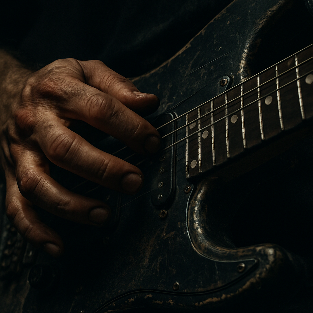 Close-up of a heavy metal guitarist's hand mid-shred on a black electric guitar