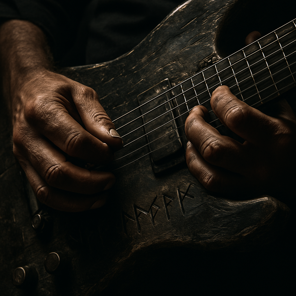 Close-up of a metal guitarist's hands playing a worn black electric guitar with runic details