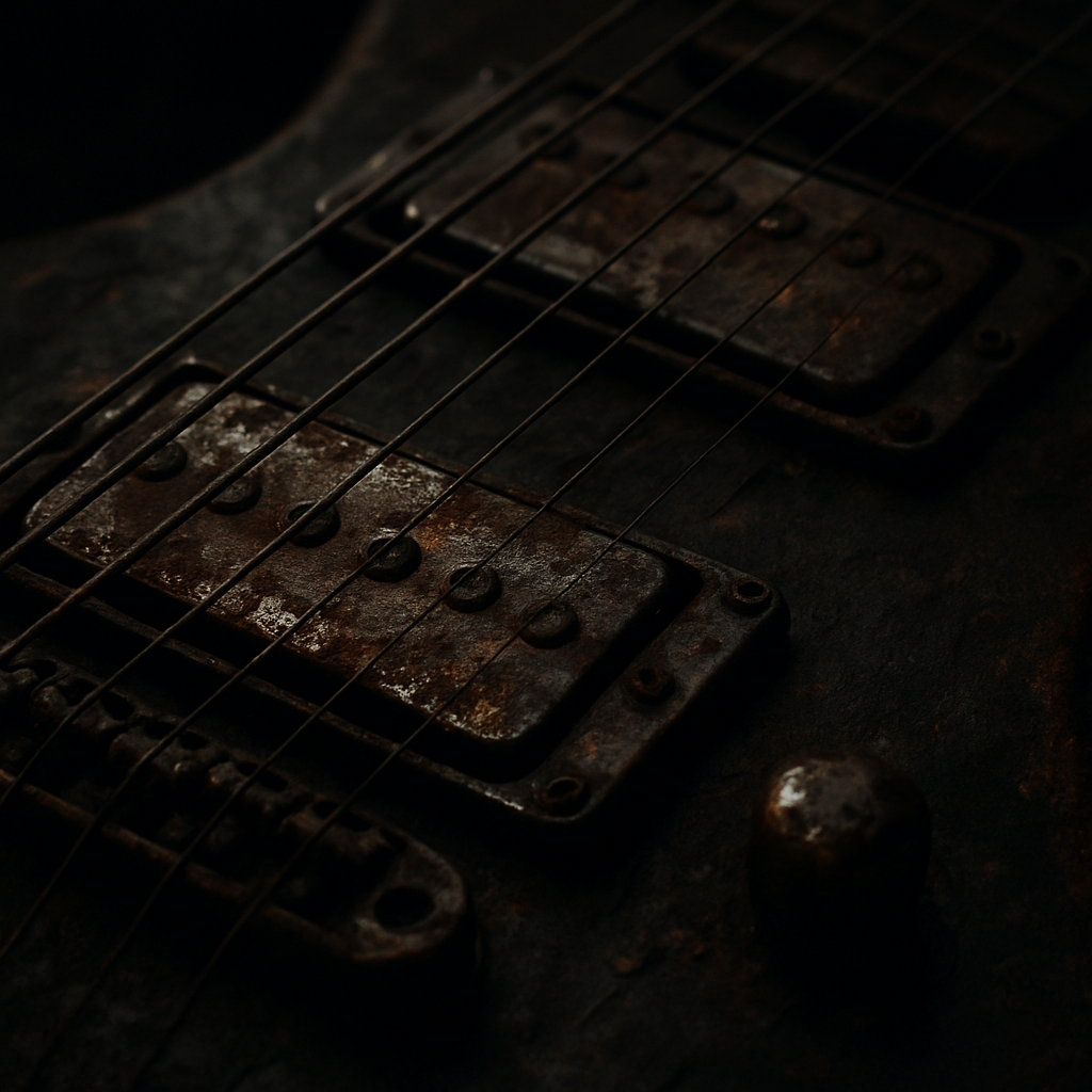 Close-up of aged and distressed electric guitar strings and metal hardware in moody lighting