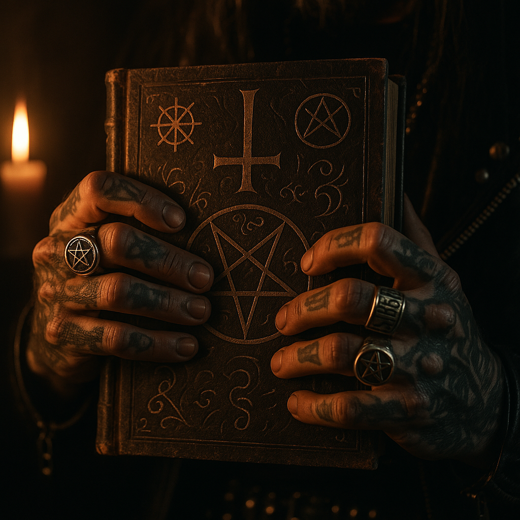 Close-up of tattooed hands holding a grimoire adorned with occult symbols and runic engravings