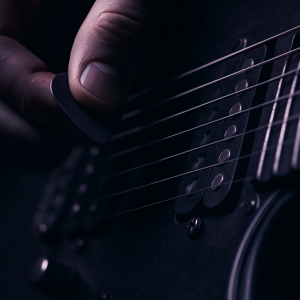 Close-up of tremolo guitar picking technique characteristic of blackgaze music