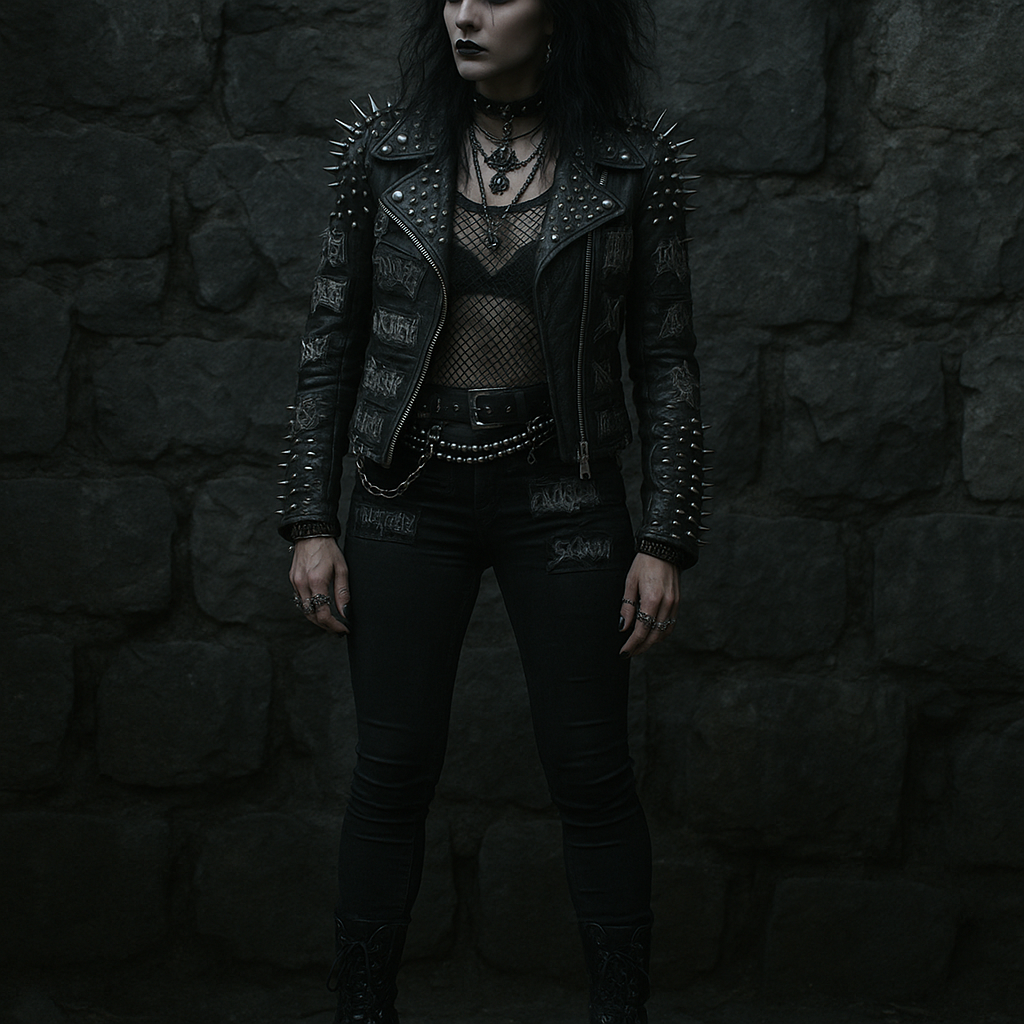 Heavy metal fan wearing a spiked leather jacket, fishnet top, and platform boots in a gothic editorial style
