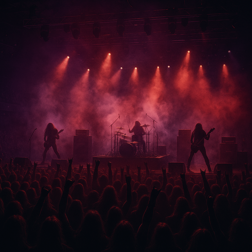 Packed heavy metal concert arena with dramatic red and purple stage lighting and a crowd of headbanging fans
