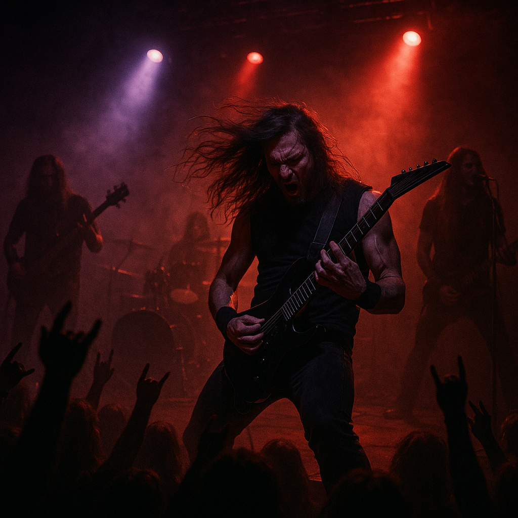 Underground heavy metal band performing on a smoky, red-lit stage with an intense audience