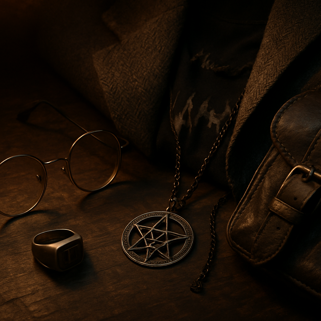 Close-up detail of dark academia metal fashion accessories including occult jewellery and worn leather