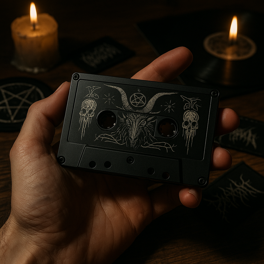 Limited edition cassette tape from an underground black metal release in 2026, close-up detail shot