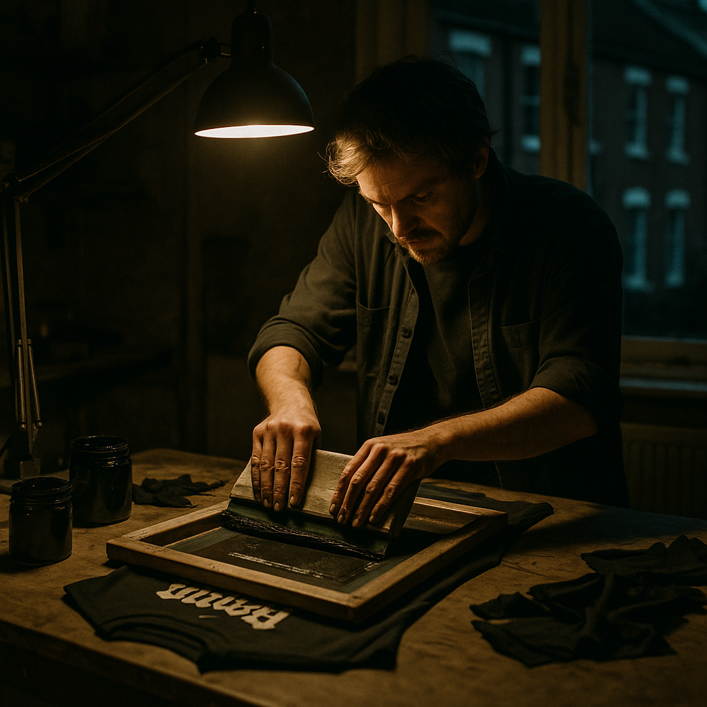 UK metal fan screen printing a DIY band merch tee by hand in a home workshop